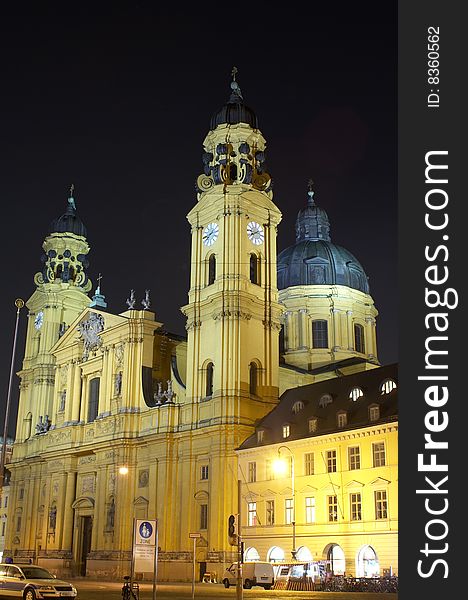 The Catholic Theatine Church St. Cajetan, Bavaria, Germany, night scene.