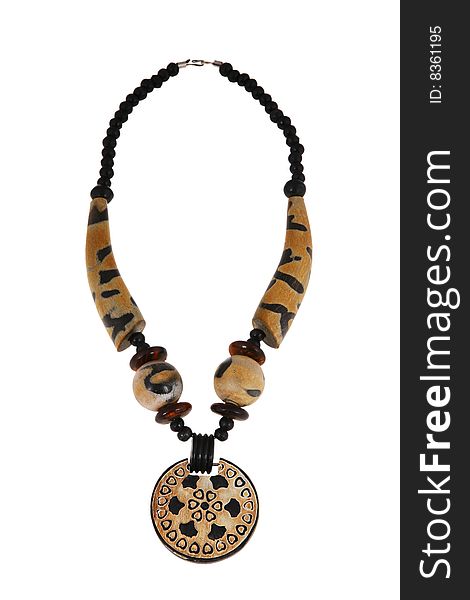 Beads of wooden made necklace with self-standing display on white background