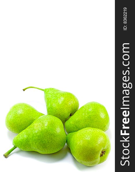 Five fresh pears on white background