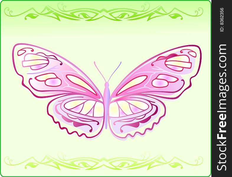 An artistic pattern with butterfly on light-green background.