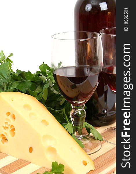 Wine, cheese and green parsley. Wine, cheese and green parsley