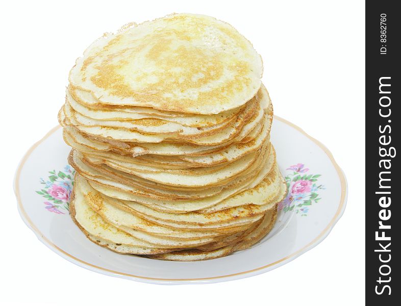 Hot pancakes on white background