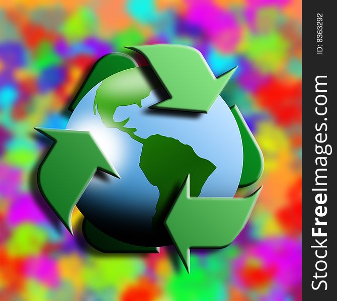 Recycling symbol with earth in the center on collorfull background