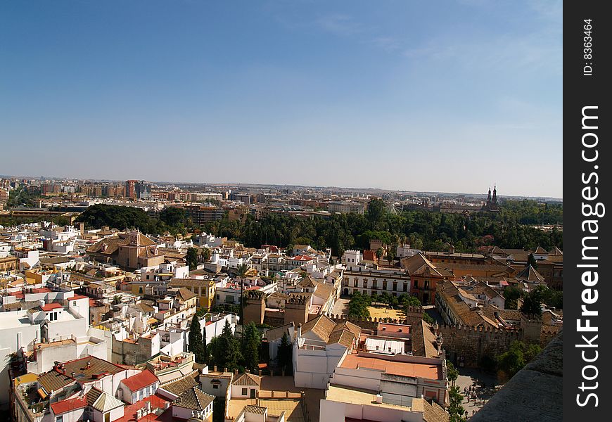 Panoramic view of Sevilla Spain. Landscape. General view or scene of Sevilla city. Tourists attraction in Andalusia. Spain