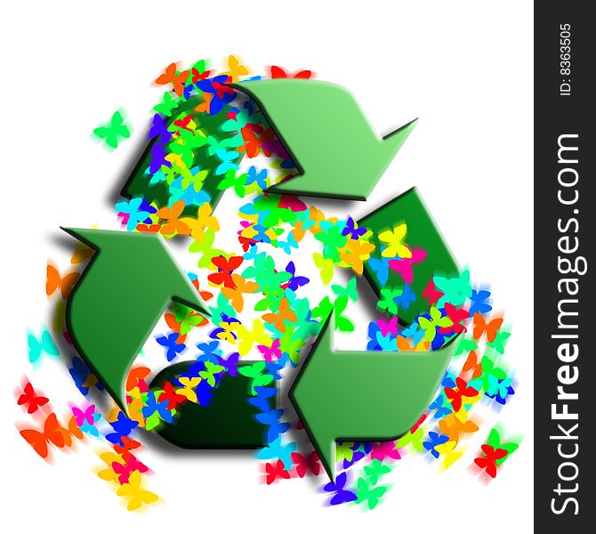 Recycling symbol with butterflies flying around