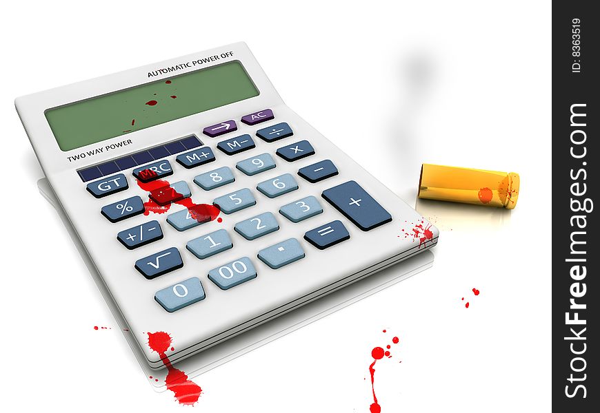Suicide in crisis - calculator and empty bullets - blood scene. Suicide in crisis - calculator and empty bullets - blood scene.