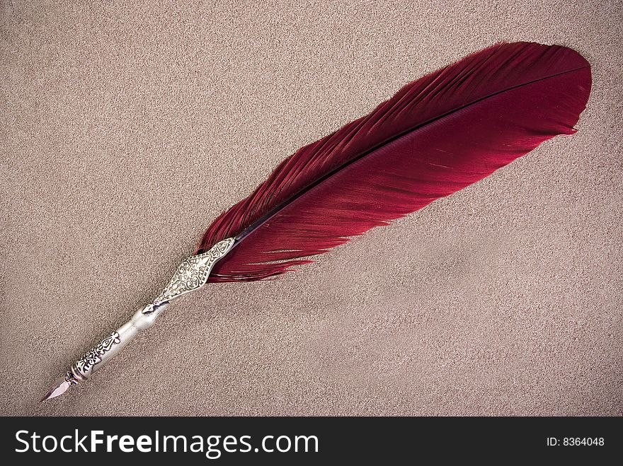 An image of a peacock feather on sand. An image of a peacock feather on sand