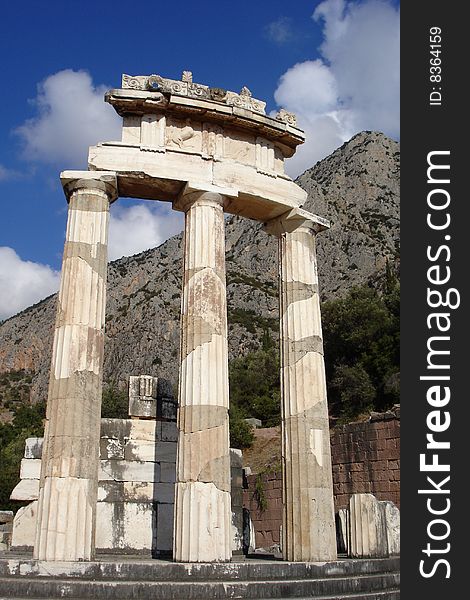 Reconstruycted temole ruin of Temple of Athena Delphi Greece on a sunny day. Reconstruycted temole ruin of Temple of Athena Delphi Greece on a sunny day