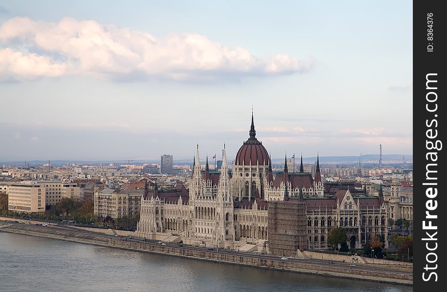 Budapest parliament on the river Danube with blue sky. Budapest parliament on the river Danube with blue sky