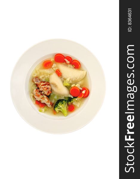 chicken vegetable perogy  soup , isolated  white background