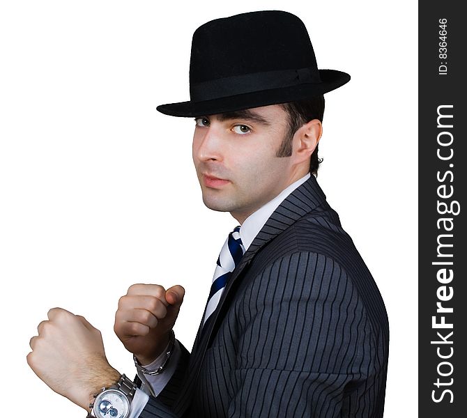 Boxing retro businessman isolated over white with clipping path