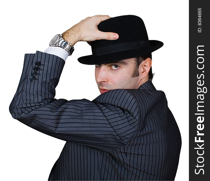 Retro businessman holding hat