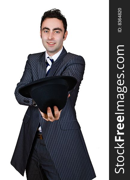 Retro businessman come cap in hand isolated over white with clipping path