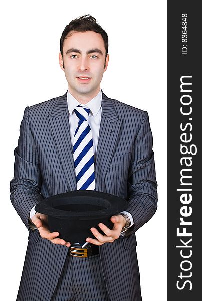 Retro businessman come cap in hand isolated over white with clipping path