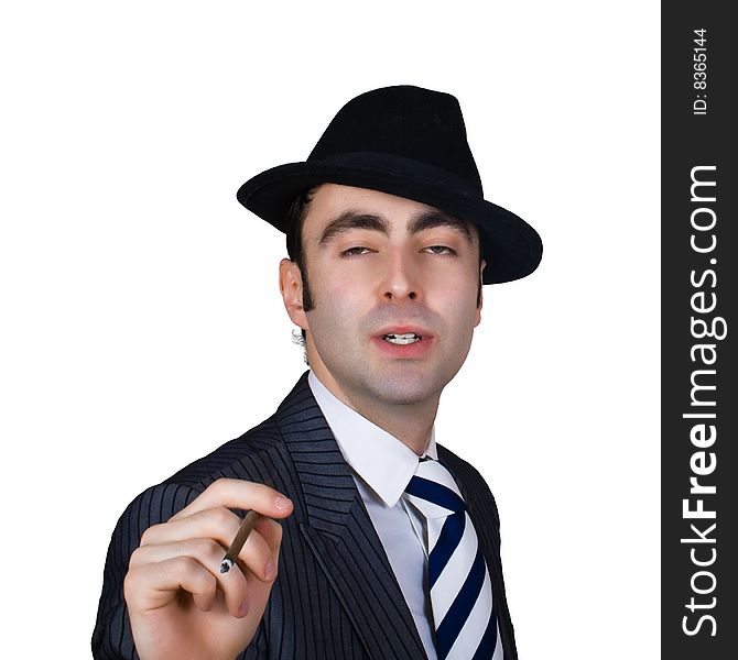 Retro businessman smoke a cigarette isolated over white with clipping path
