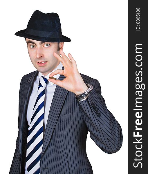 Retro businessman smoke a cigarette isolated over white with clipping path