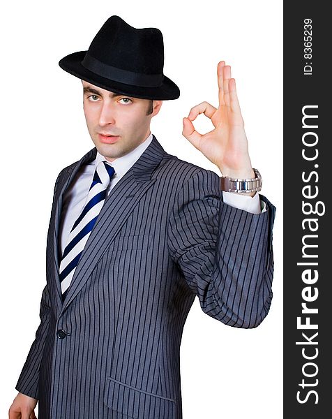 Retro businessman show sing ok isolated over white with clipping path