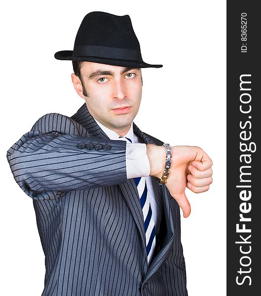 Retro businessman show sing isolated over white with clipping path