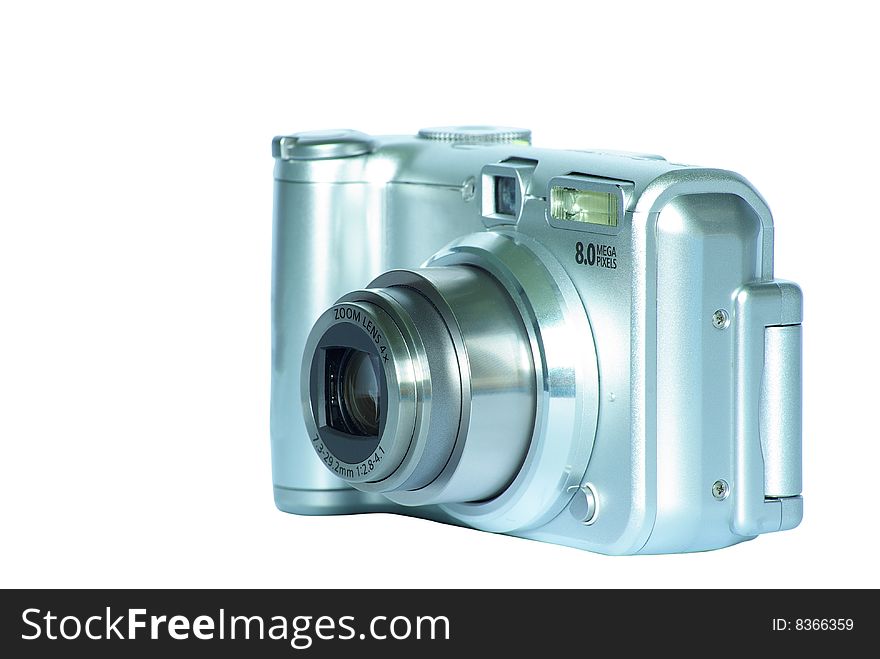 Digital photo camera on white background