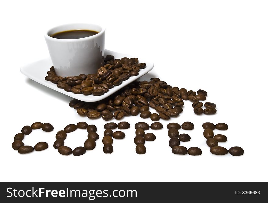 Cup of coffee with coffee grain on a white background