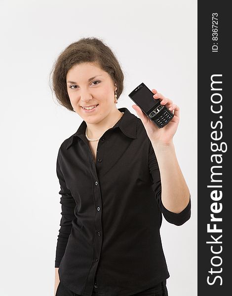 Photo of pretty smiling woman with phone. Photo of pretty smiling woman with phone