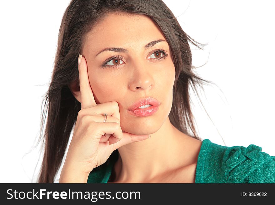 Close-up portrait of beauty girl on white background