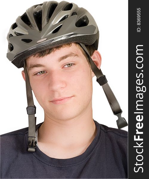Boy in a bike helmet isolated on  white. Boy in a bike helmet isolated on  white