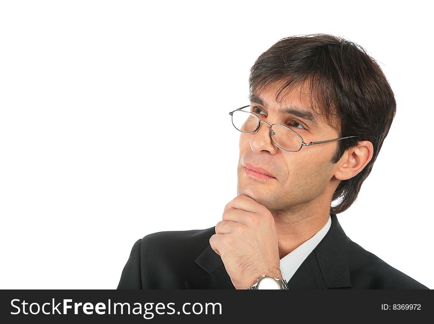Businessman in glasses on white background