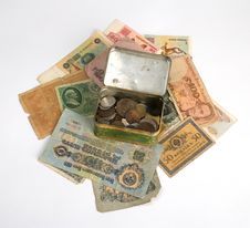 Old Currency And Metal Box With Old Coins Royalty Free Stock Images