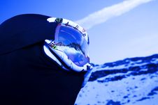 Skier With Mountain Peaks Reflected On Mask Royalty Free Stock Images
