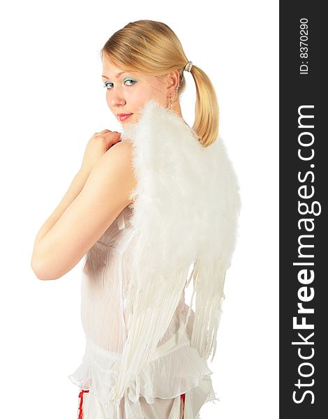 Turned back girl in angel's costume on white background