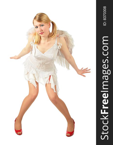 Girl in angel's costume full body on white background