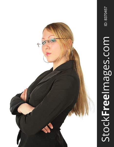 Young girl in suit in glasses with crossed hands on white background