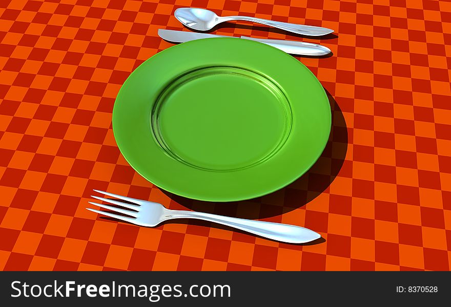 Knife, fork, spoon and plate with table coth - 3d render