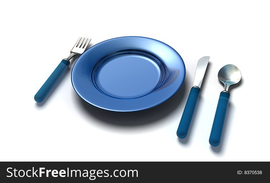 Knife, fork, spoon and plate - isolated 3d render