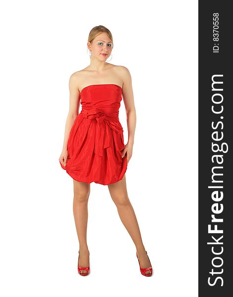 Young blonde girl in red dress and shoes