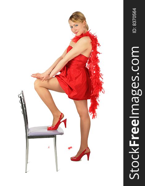 Young blonde girl in red dress and shoes  on white background. Young blonde girl in red dress and shoes  on white background
