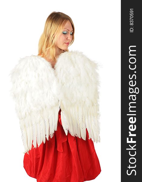 Blonde Girl In Red Dress With  Angel S Wings