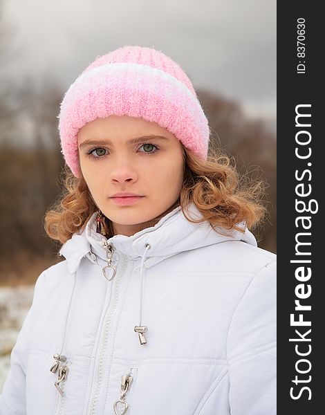Face of young beauty girl outdoor in winter. Face of young beauty girl outdoor in winter