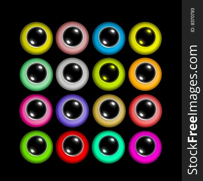 This is an image of various colored buttons that I developed on Photo shop CS3 for web page design.