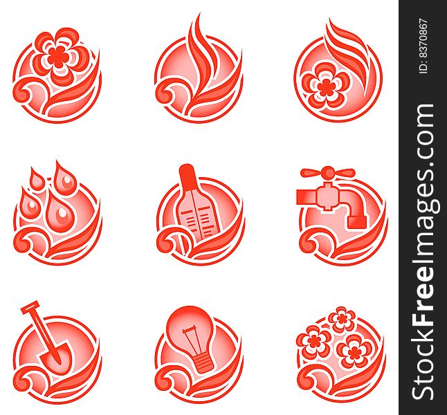 Set of environmental graphics, collection of nature icons, vector illustration in red. Set of environmental graphics, collection of nature icons, vector illustration in red