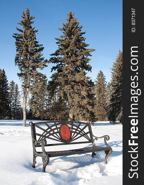 A bench in a park during a bright sunny day in winter. A bench in a park during a bright sunny day in winter.