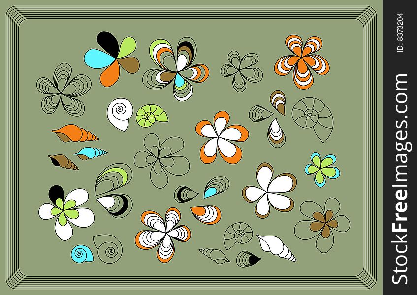 Design with drawing flowers and shell. Design with drawing flowers and shell