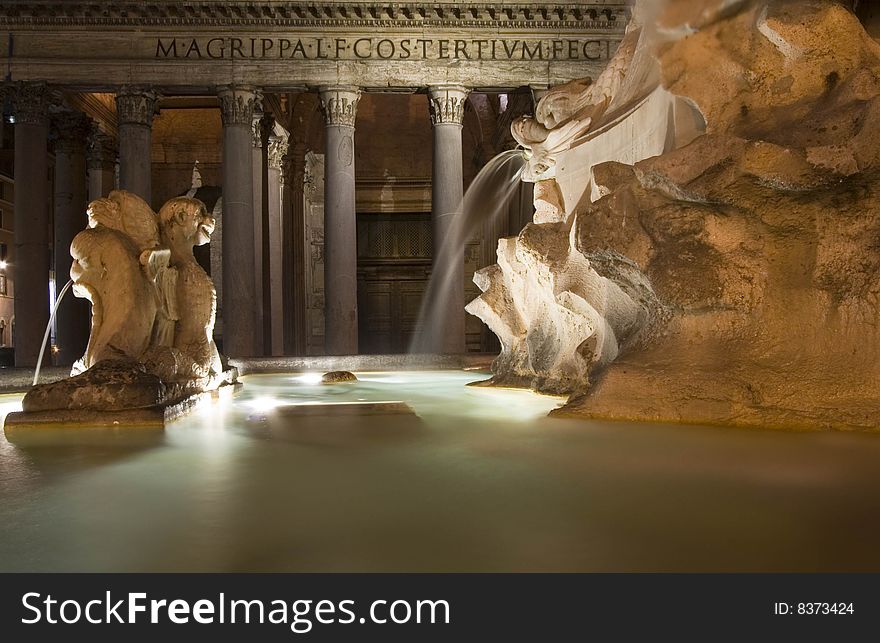 Pantheon square in Rome at night with the fountain