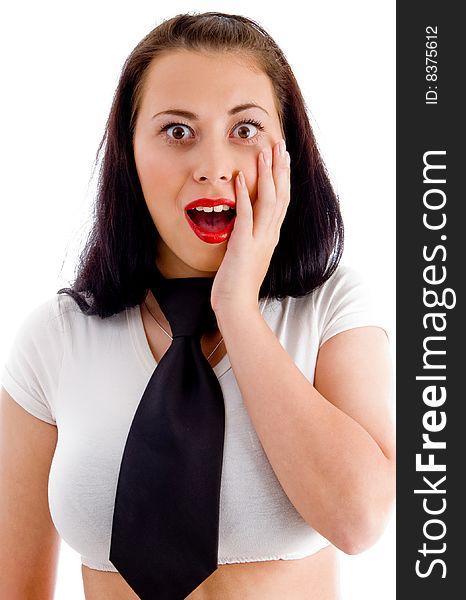 Cute surprised female posing with facial expressions on an isolated background