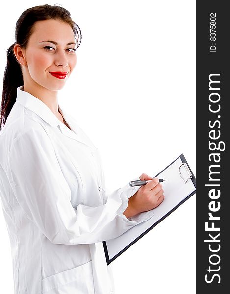 Doctor busy with her clipboard with white background