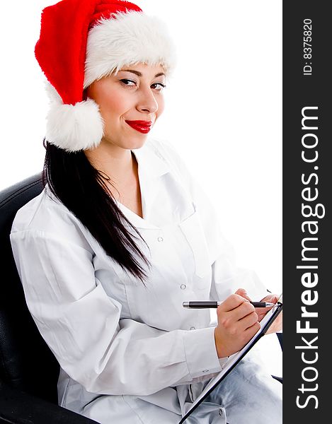 Smart Doctor In Christmas Hat Writing Prescription