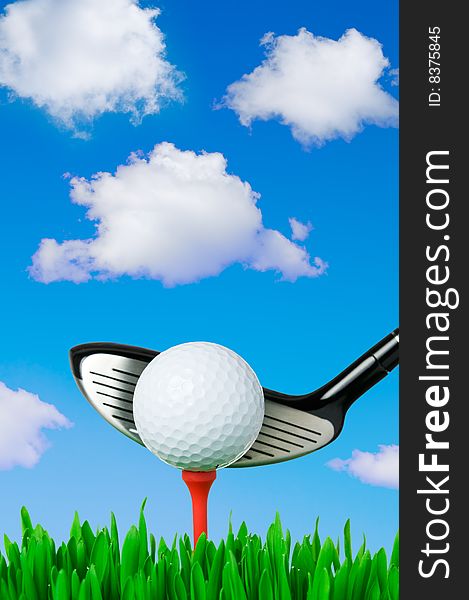 Golf ball on tee and a club ready for swinging in a beautiful green in a sunny day. Golf ball on tee and a club ready for swinging in a beautiful green in a sunny day