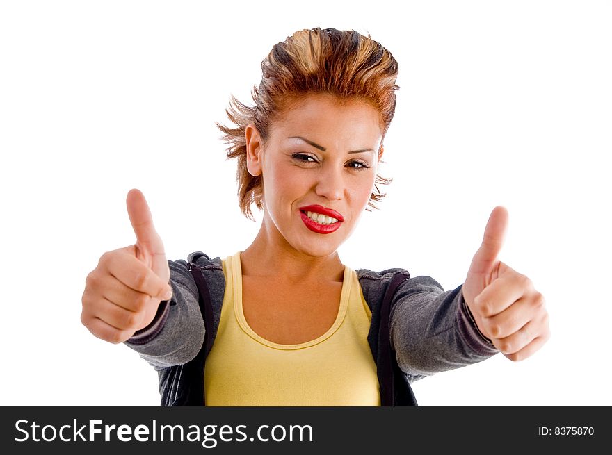 Sexy woman showing approval sign with both hands on an isolated background
