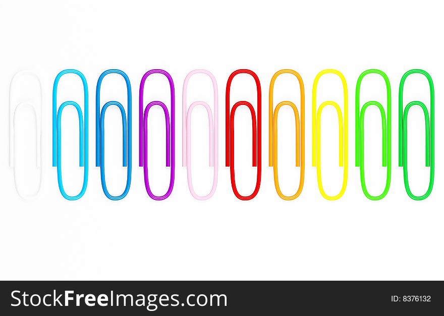 Coloured paperclips on white background.